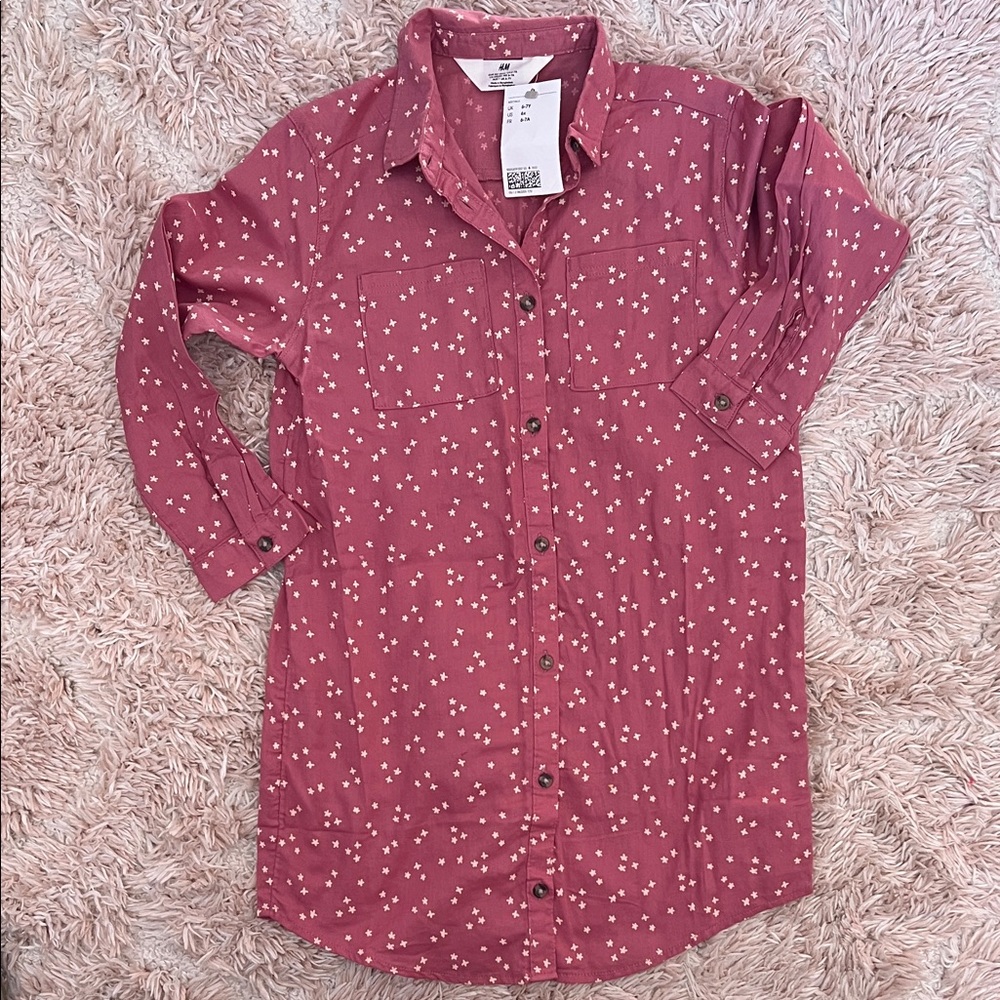 H&M Kids Button Down Shirt dress  in Dusty Rose with White Floral